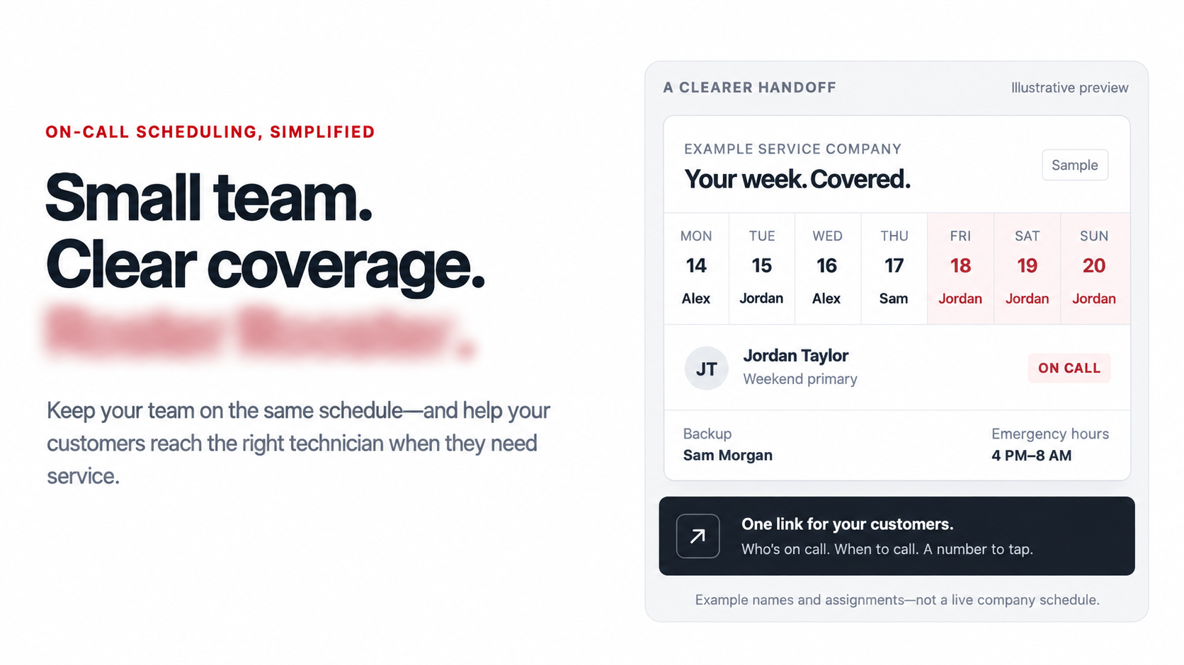 Illustrative on-call scheduling preview with the product name obscured and fictional team assignments
